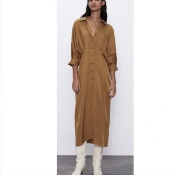 Zara pleated midi shirt dress midi toffee button down dress XS - Picture 4 of 12
